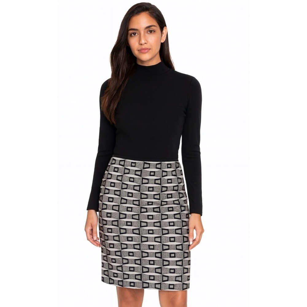Joseph Ribkoff Black & Beige Geometric Design Skirt w/Leather Trim Waist Size 8